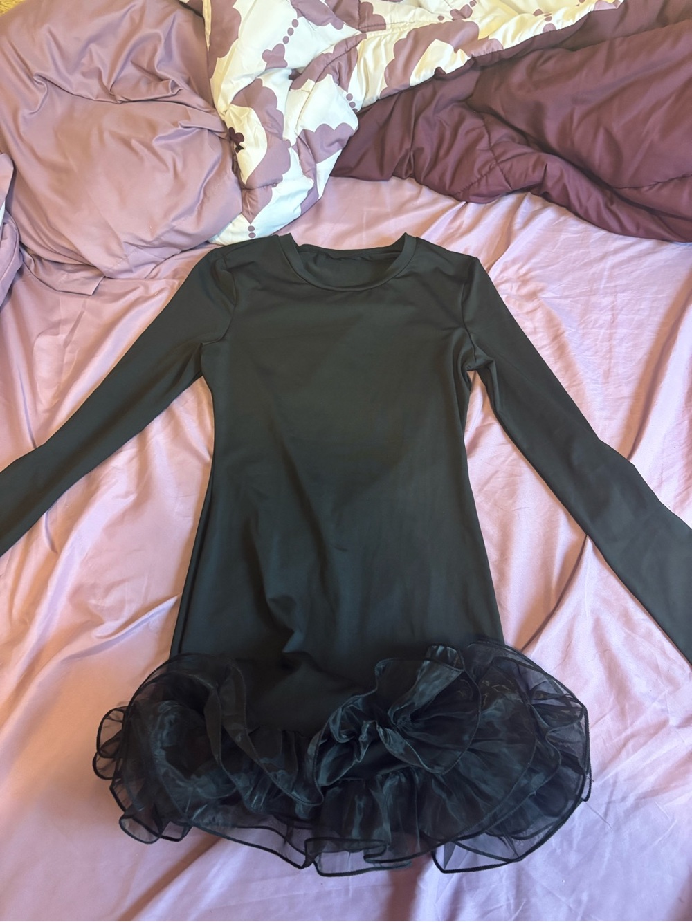 Black Long-Sleeve Tulle Hem Dress